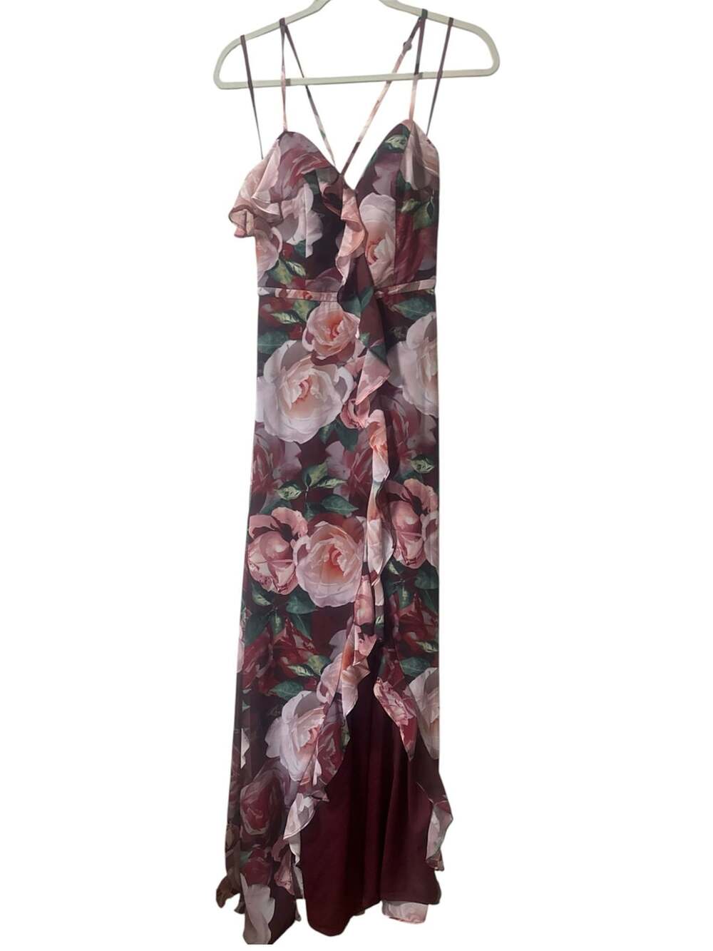 Cachet Floral Chiffon Maxi Dress with Cascading Ruffle and Criss-Cross Straps  2